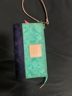 Coach Green and Navy Signature Wristlet with Tan Strap